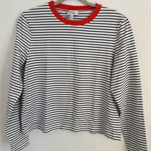 COS Black and White Striped Tee with Red Trim